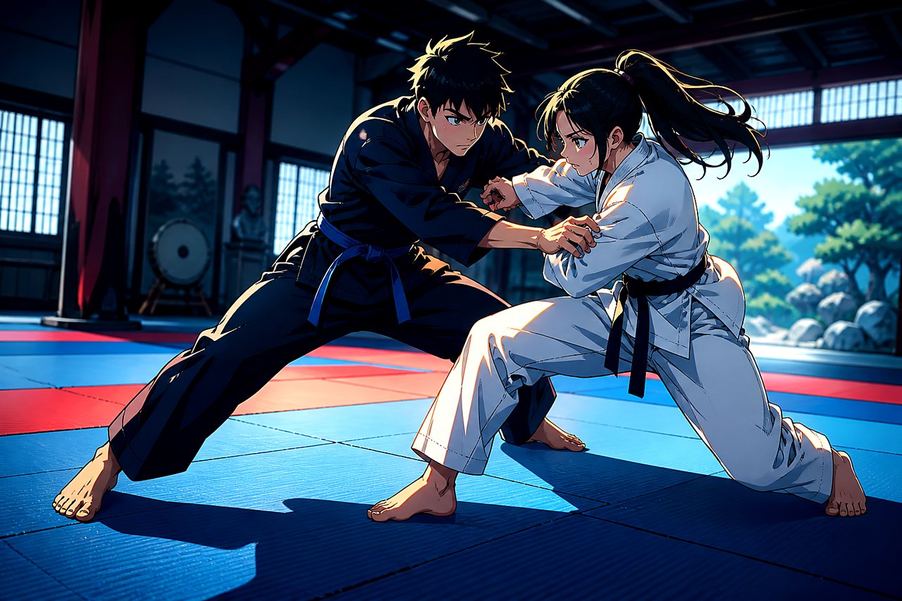 Cel-shaded Illustration: JuJutsu-Training auf der Matte