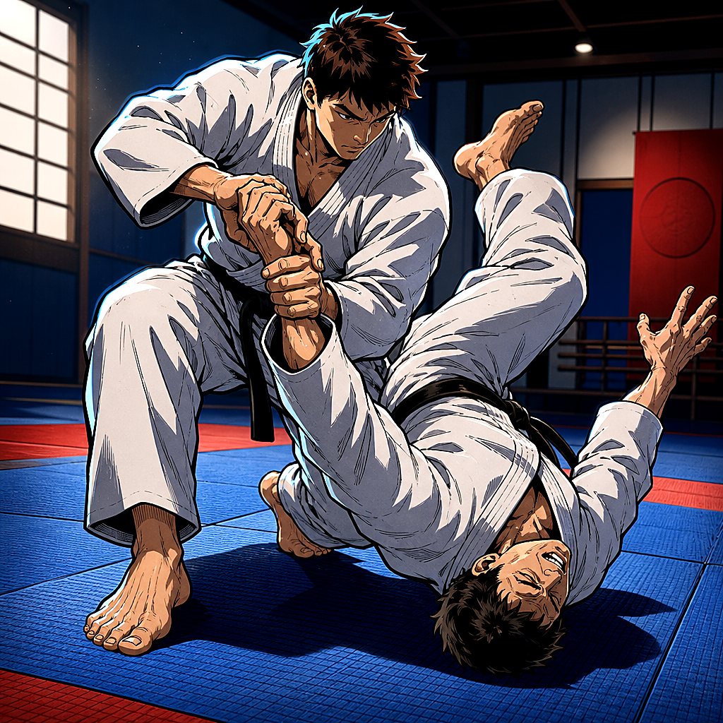 Cel-shaded Illustration: JuJutsu Partnerübung zur Selbstverteidigung
