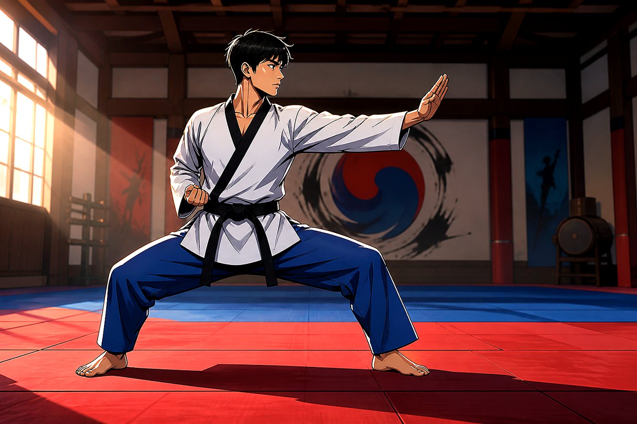 Cel-shaded Illustration: Poomsae-Haltung im Taekwondo