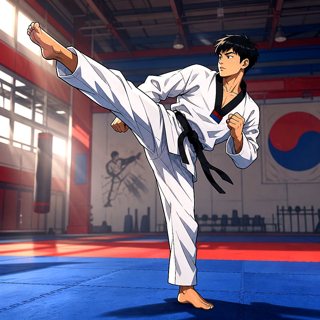 Cel-shaded Illustration: Taekwondo-Tritt im Training