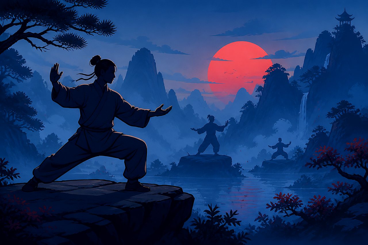 Cel-shaded Illustration: Tai-Chi-Form in ruhiger Atmosphäre