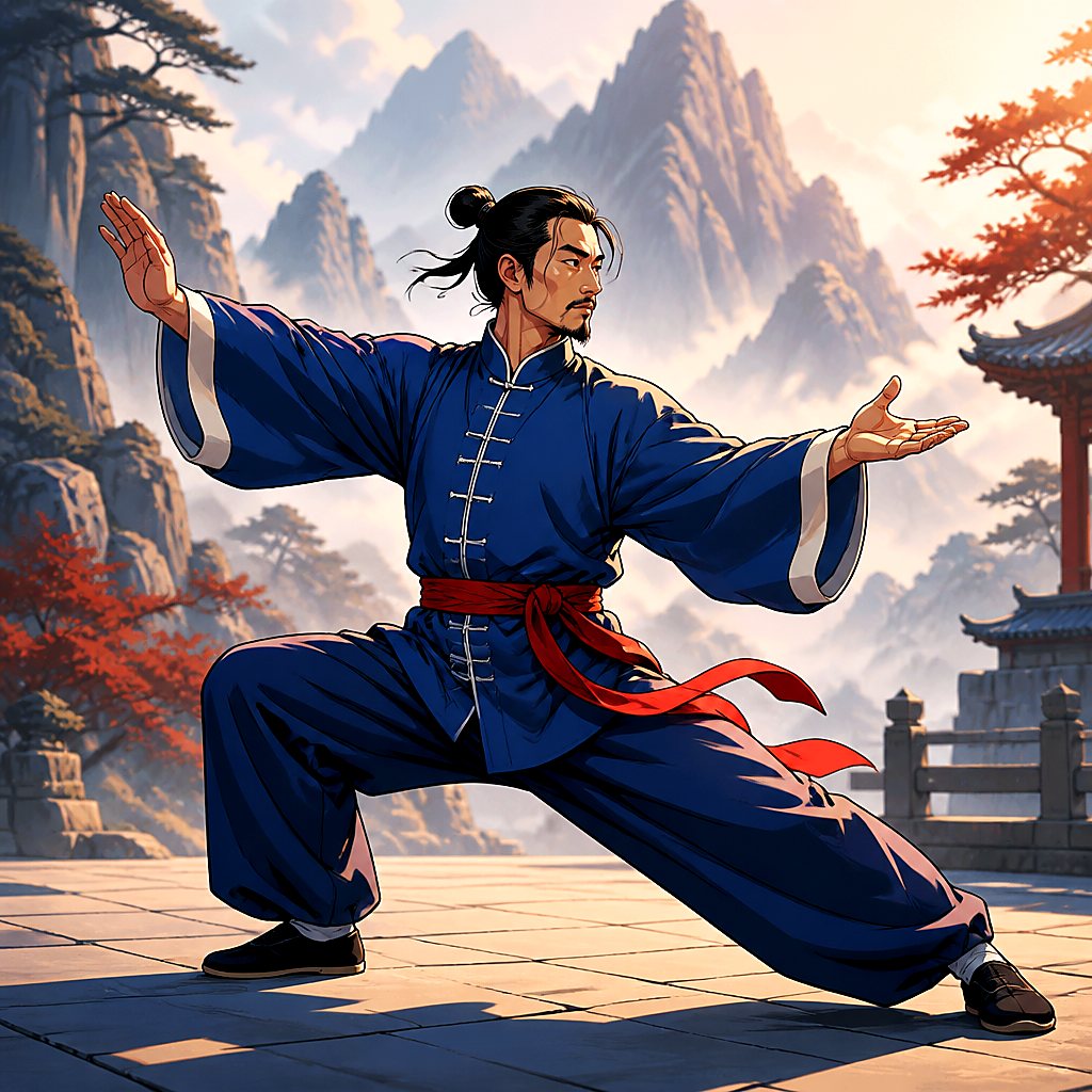 Cel-shaded Illustration: fließende Tai-Chi-Haltung